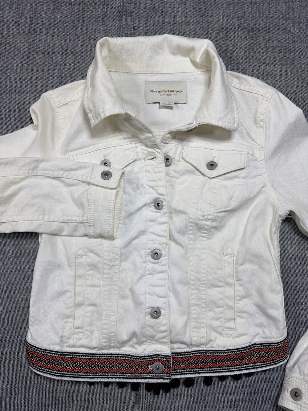 Pilcro and the Letterpress Anthropologie White Crop Embroidered Jacket Petite S